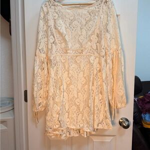 Free People Cream Lace Long Sleeve Mini Dress